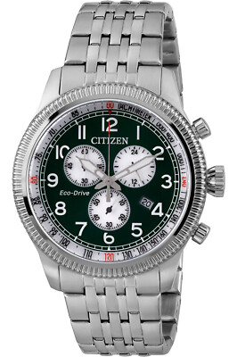 Citizen Mens Eco Drive Green Dial Chronograph Watch AT2460-89X New