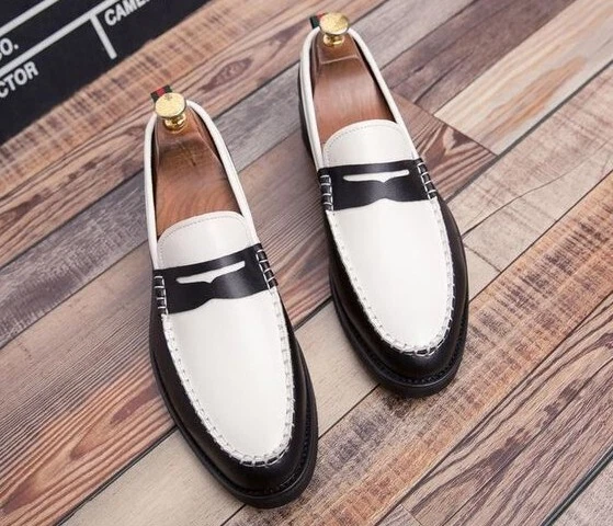 New Handmade Men's Black White Leather Penny Loafer Dress Shoes