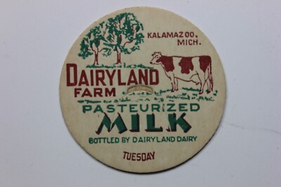 DAIRYLAND FARM - KALAMAZOO, MICH. ( TUES ) PASTEURIZED MILK CARDBOARD BOTTLE CAP