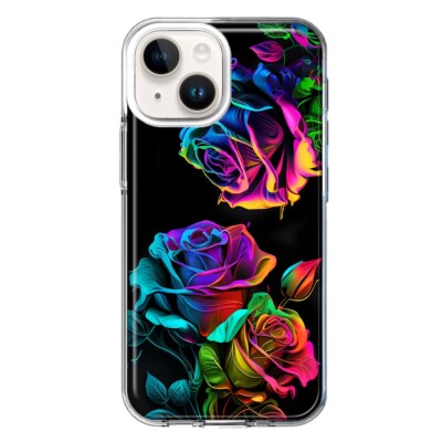 For Apple iPhone 14 Plus Shockproof Hybrid Case, Neon Rainbow Glow Roses