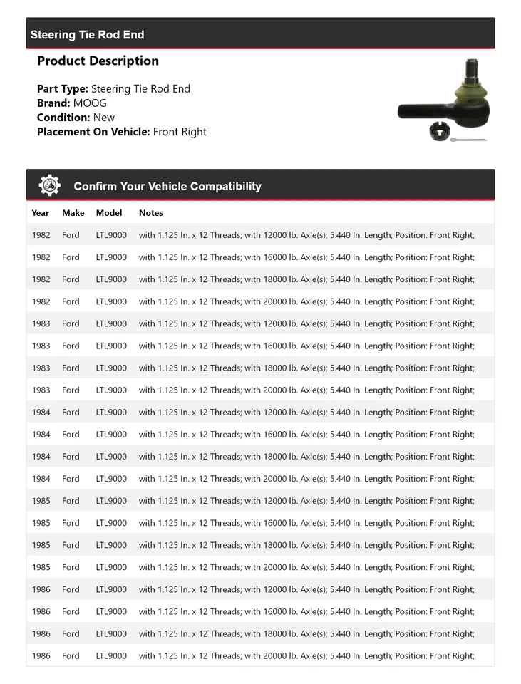 Barra de dirección delantera derecha MOOG 1982-1986 FORD LTL9000 1982-1986 1983 1984 Foto 2 de 4