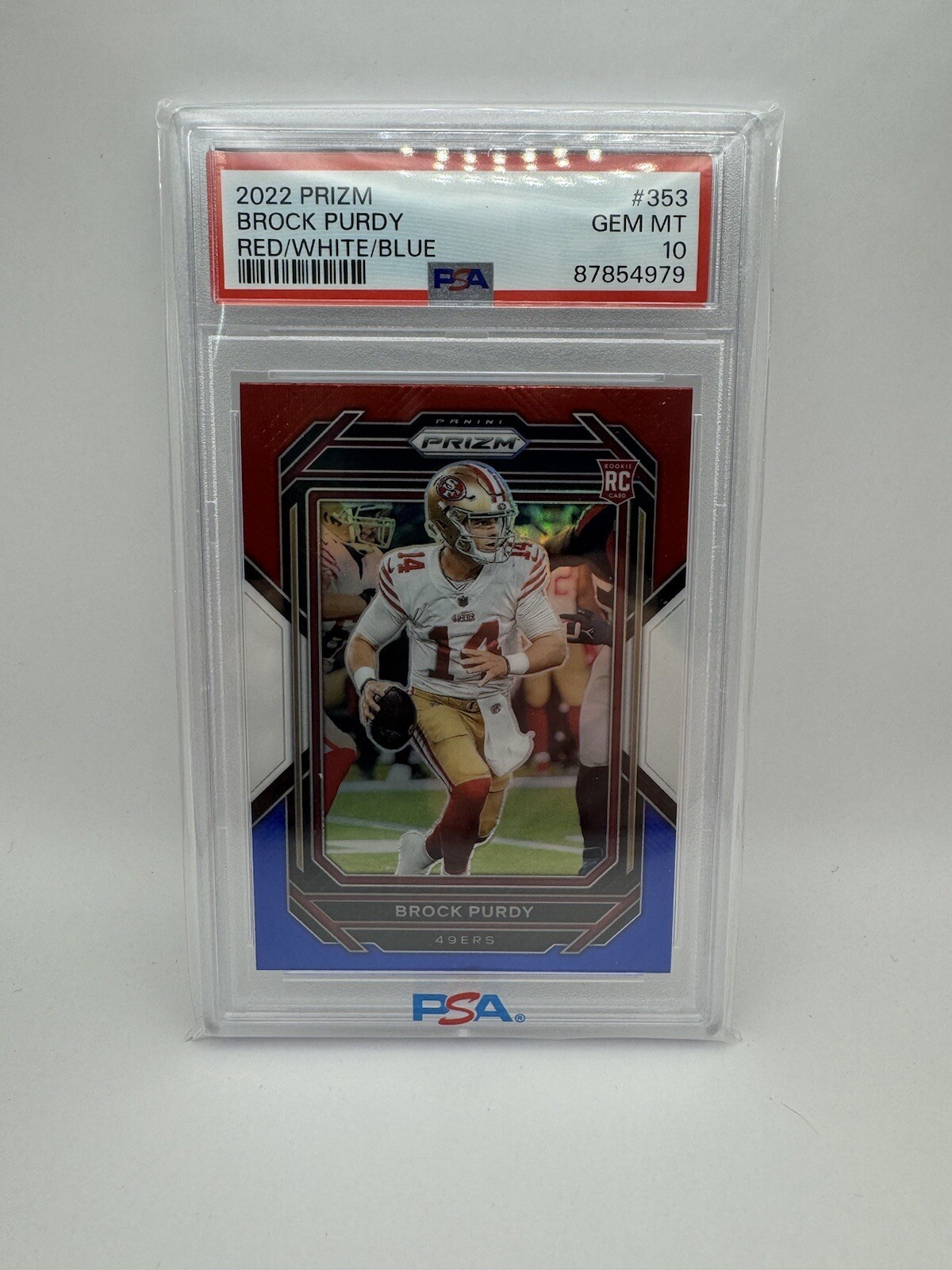 2022 Panini Prizm Brock Purdy Red/White/Blue Prizm Rookie #353 PSA 10 GEM MT