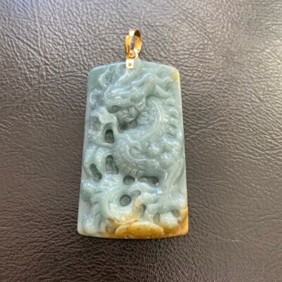 14K Solid Yellow Gold Carved Dragon Natural Jade Pendant