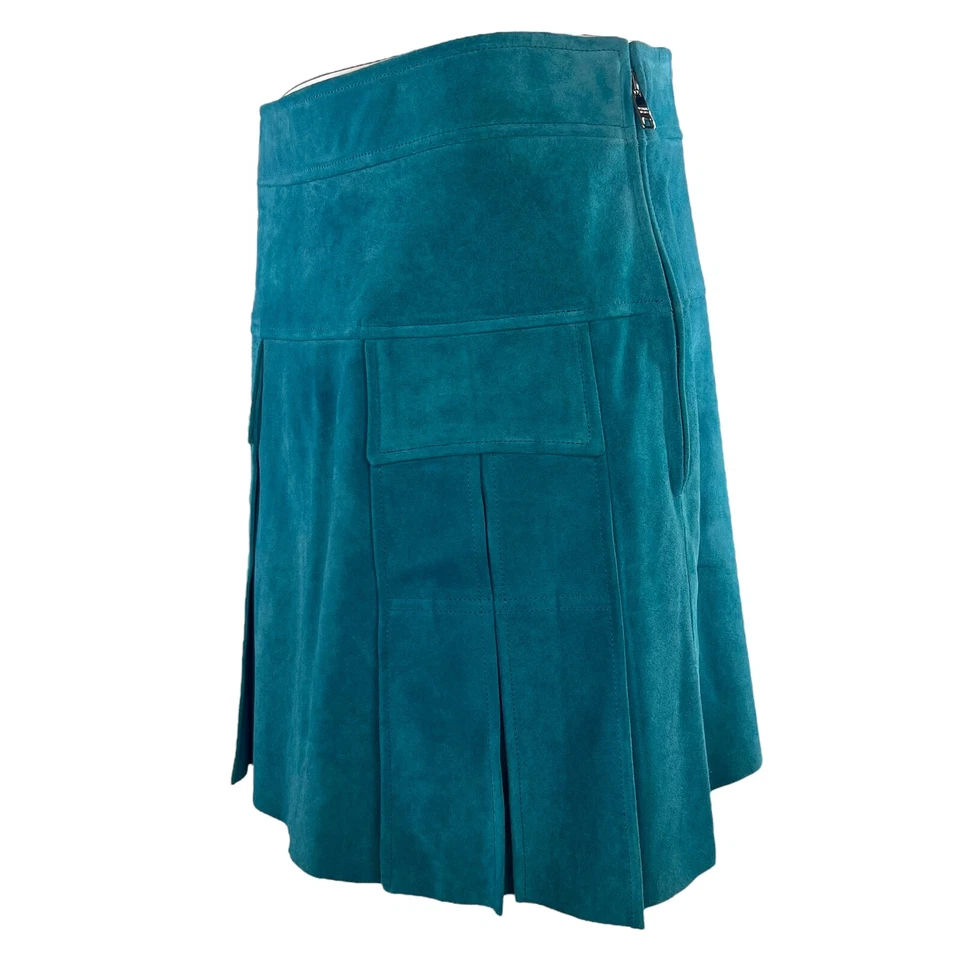 PRADA 2019 Pleated Turquoise Blue Suede Above Knee Short Skirt IT 46 M L — 第 3/4 张图片