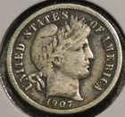Silver Dime - Barber - 1907 (Full Liberty.  Tarnish.)