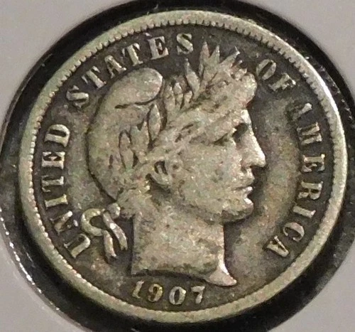 Silver Dime - Barber - 1907 (Full Liberty.  Tarnish.)
