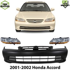 Front Bumper Cover Primed Plastic Headlights Kit For 2001-2002 Honda Accord