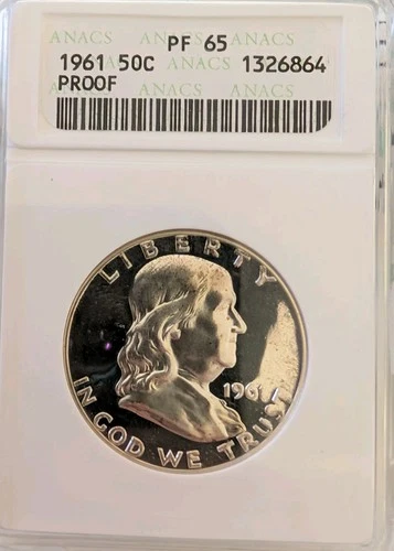 1961 Franklin Half Dollar Silver Proof ANACS PF65 Soapbox Lovely Original...