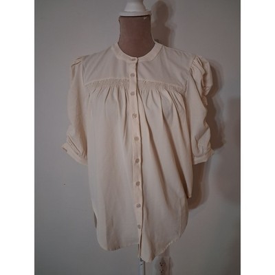 Bishop + Young Rachel Ruched Sleeve Blouse Ivory Smocked Top Small Modest New