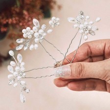 Silver Bride Wedding Hair Pins Pearl Bridal Pieces Flower Rhinestone 3 Pack