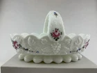 VTG WESTMORELAND WHITE MILK GLASS BASKET ROSES HAND PAINTED SPLIT HANDLE 6.5"