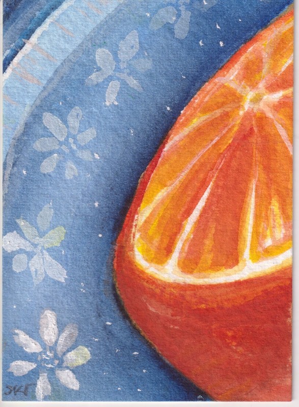 Original ACEO Orange  Blue White on china  Watercolor Painting, Sharon Foster