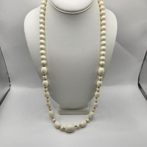 Vintage Cream White Beaded Necklace Gold Tone Accents Oval Round Beads Long 30in