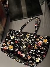 Floral Print Over Black Tote Bag. Detachable Key Chain. New with Slight Flaw