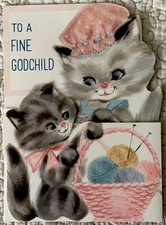 Vintage Birthday Cat Kitten Pink Basket Yarn Sparkle Greeting Card 1950s 1960s