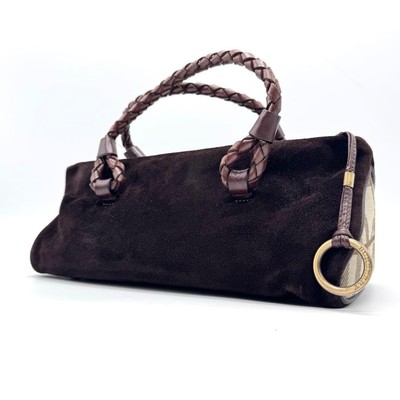 Burberry London Suede Nova Check Mini Boston Bag Horse Brown Top 