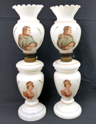 #ad PAIR Antique French Opaline Glass Napoleon amp; Josephine Oil Lamps 21quot; Tall 1890#x27;s $389.95