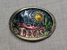 vintage USA made TEXAS belt buckle BRASS enamel WESTERN desert cactus COWBOY