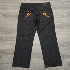 Rocawear Jeans Mens 42 44x33 Black Denim Y2K Embroidered Flap Pockets Baggy Wide