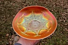 ANTIQUE DUGAN SKI STAR CARNIVAL GLASS HANDGRIP PLATE - PEACH OPAL