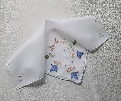 Vintage White Hankie -  Embroidered & Applique  Blue Flowers - 4 Corners 