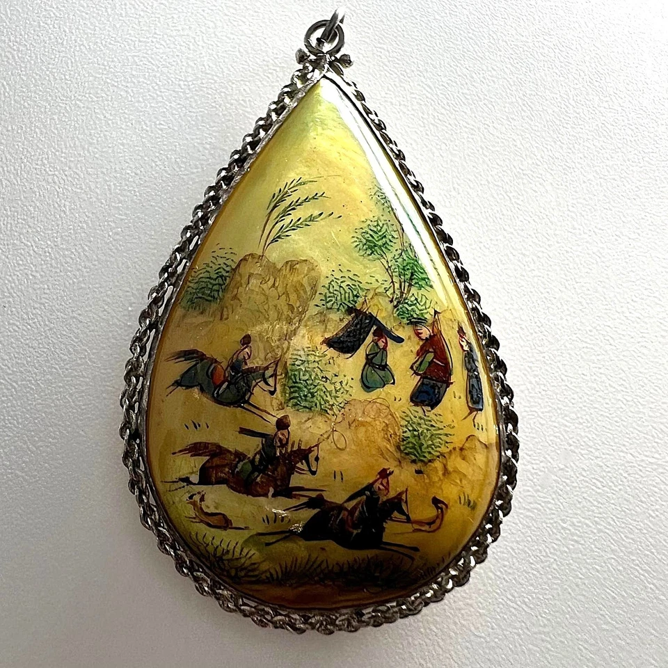 Antiker Perlmutt Anhänger Miniaturmalerei Vögel Jagdszene Handbemalt Sammler - Bild 3 von 4