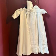 VTG Handmade Baby Baptism Cotton Christening Gown Satin Ribbon Bonnet Robe