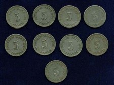 GERMANY EMPIRE 5 PFENNIG COINS: 1901-A, 1901-D, 1902-J, 1902-D, 1903-J, 1904-F,