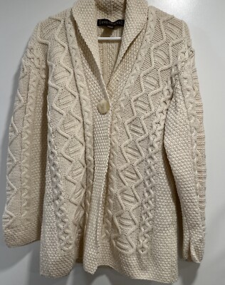 Inis Crafts Ireland Women's Sz L One Button Cardigan Sweater Ivory