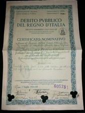1934 Certificato Nominativo Fascista del Debito Pubblico Del Regno D'Italia