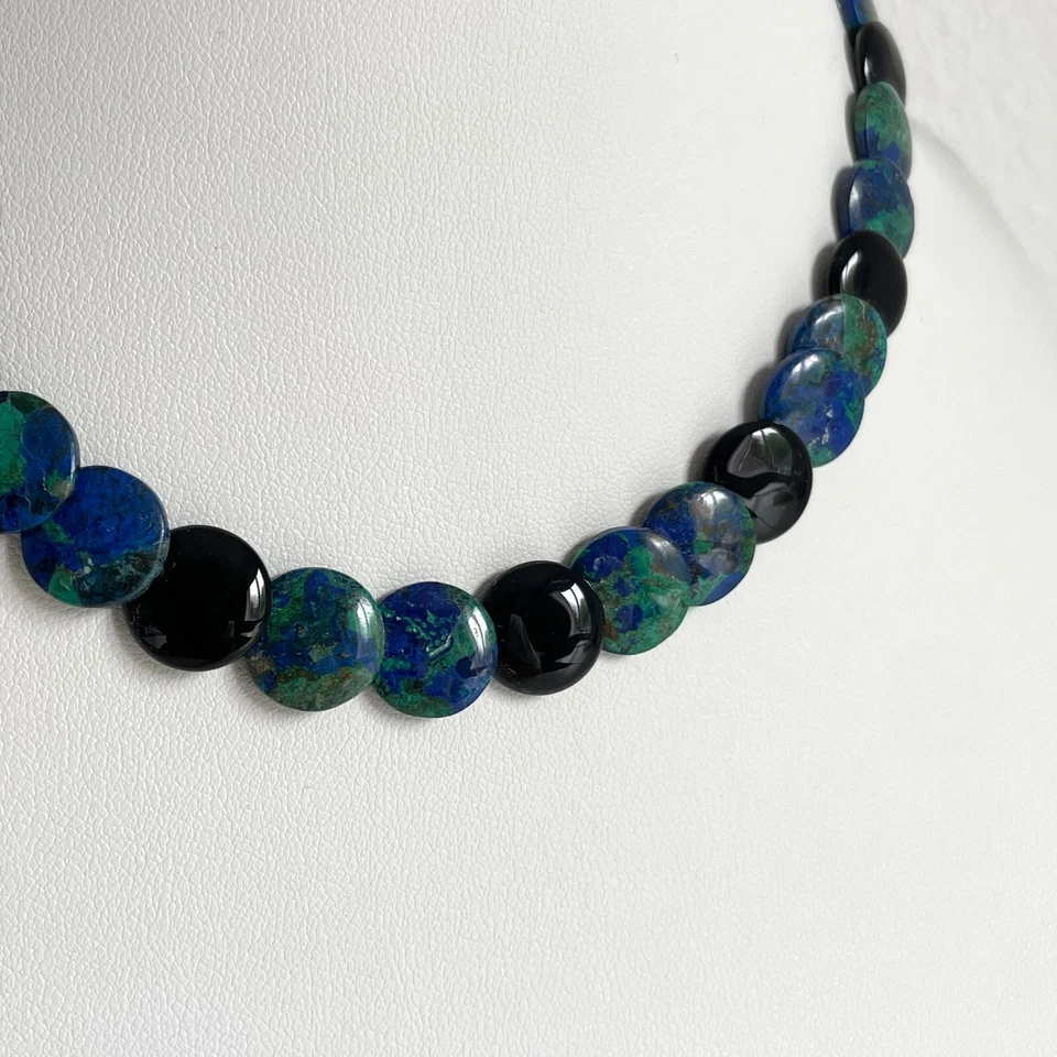 Collar Piedra Semipreciosa Vintage Azurita-Malaquita Ónix Negro Oro 14k Cuentas Foto 4 de 4