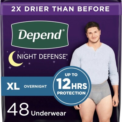 Depend Night Defense Adult Incontinence Underwear Men, Overnight, XL, Grey, 48Ct