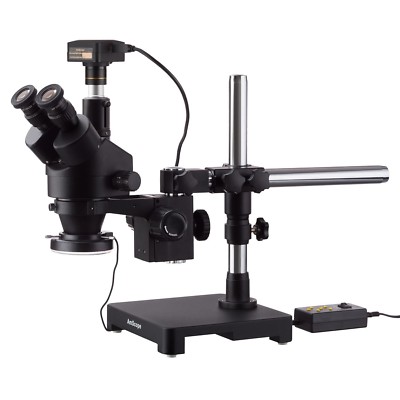 AmScope 3.5X-45X Trinocular Stereo Zoom Microscope Boom + 144 LED Ring Light + 5