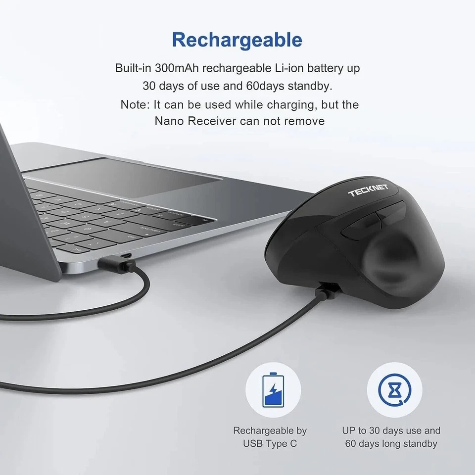 TECKNET Rechargeable Wireless Vertical Ergonomic Optical Mouse Ewm01576 - Image 4 of 4
