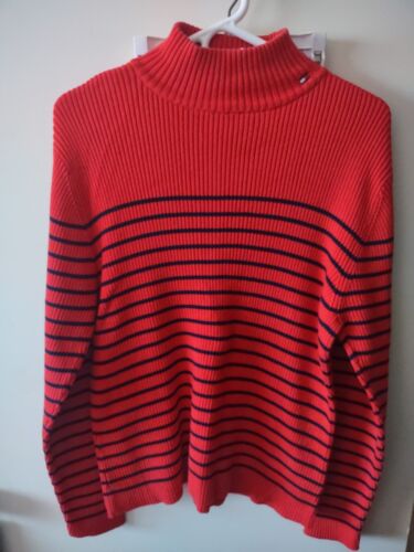Vintage Tommy Hilfiger Turtleneck Sweater Red With Navy Stripes Size XL - Afbeelding 1 van 3