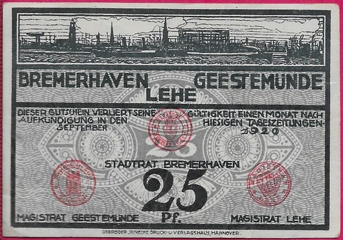 GERMANY NOTGELD,CITY OF BREMERHAVEN 25 PFENNIG 1920 LEHE AND GEESTEMUNDE(Federal - Afbeelding 1 van 2