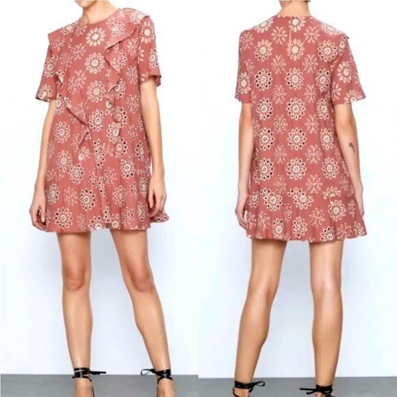 Zara Floral Embroidered Eyelet Dress S Gem