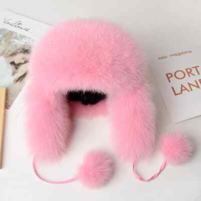 New Womens genuine Pink Fox Fur hat Cap 