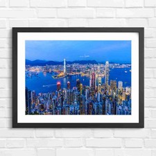 Hong Kong Skyline Lights Harbor Original Framed Wall Art Print Large Picture