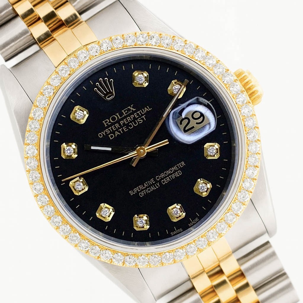 Rolex Datejust Unisex 18KY & SS Watch Black Diamond Dial & Bezel