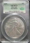 2025 American Silver Eagle CAC CACG MS70 ASE First Delivery Graded Slab