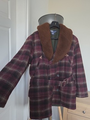 Vintage 1990 Polo Ralph Lauren Wool Plaid Shearling Collar Belted Coat Jacket M