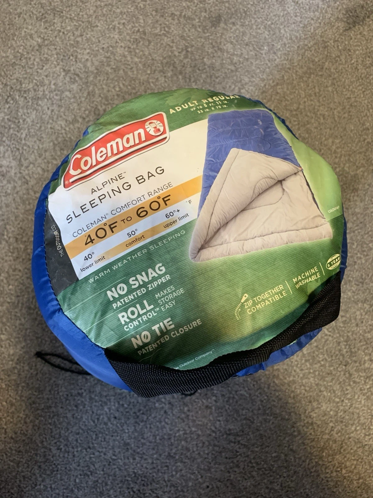Coleman Alpine Sleeping Bag Comfort Range 40F-60F Warm Weather Sleeping