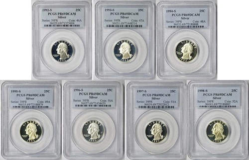 New ListingLot 7 Coins Silver Washington Quarter 25C Proof PR 69 DCAM PCGS 1992-S - 1998-S
