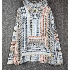 Baja Joe Hoodie Women XXL Blue Striped Woven Pullover Mexican Baja Poncho