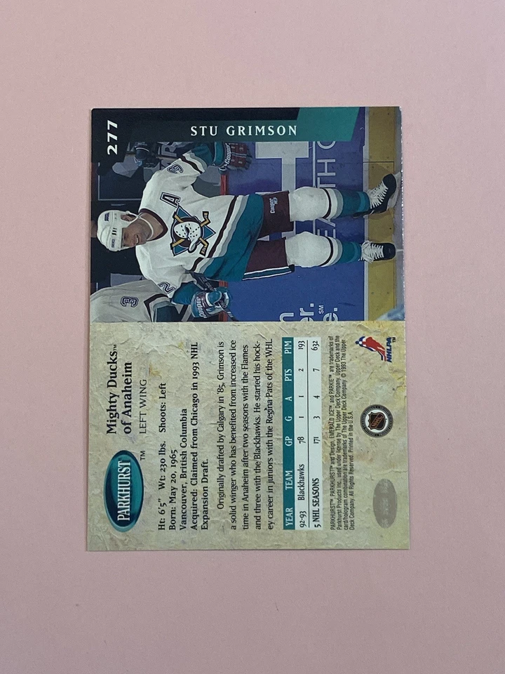 Stu Grimson 1993-94 Parkhurst IP Auto Autograph  - Image 3 of 3