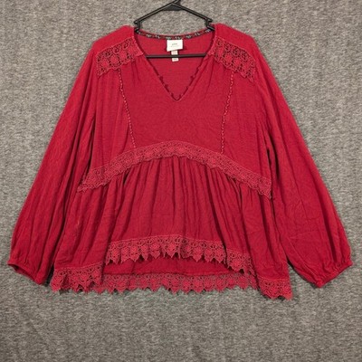 Knox Rose Red Boho Crochet Lace Peasant Blouse V-Neck Long Sleeve XXL