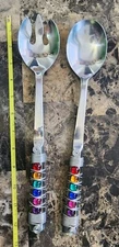 DURA-WARE STAINLESS STEEL KOREA SALAD SERVING FORK & SPOON SET w/COLORFUL BEADS