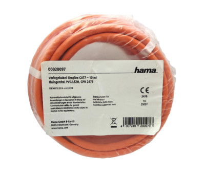 Hama Verlegekabel Simplex CAT7, 10m, Halogenfrei PVC/LSZH, CPR 2479, 020097