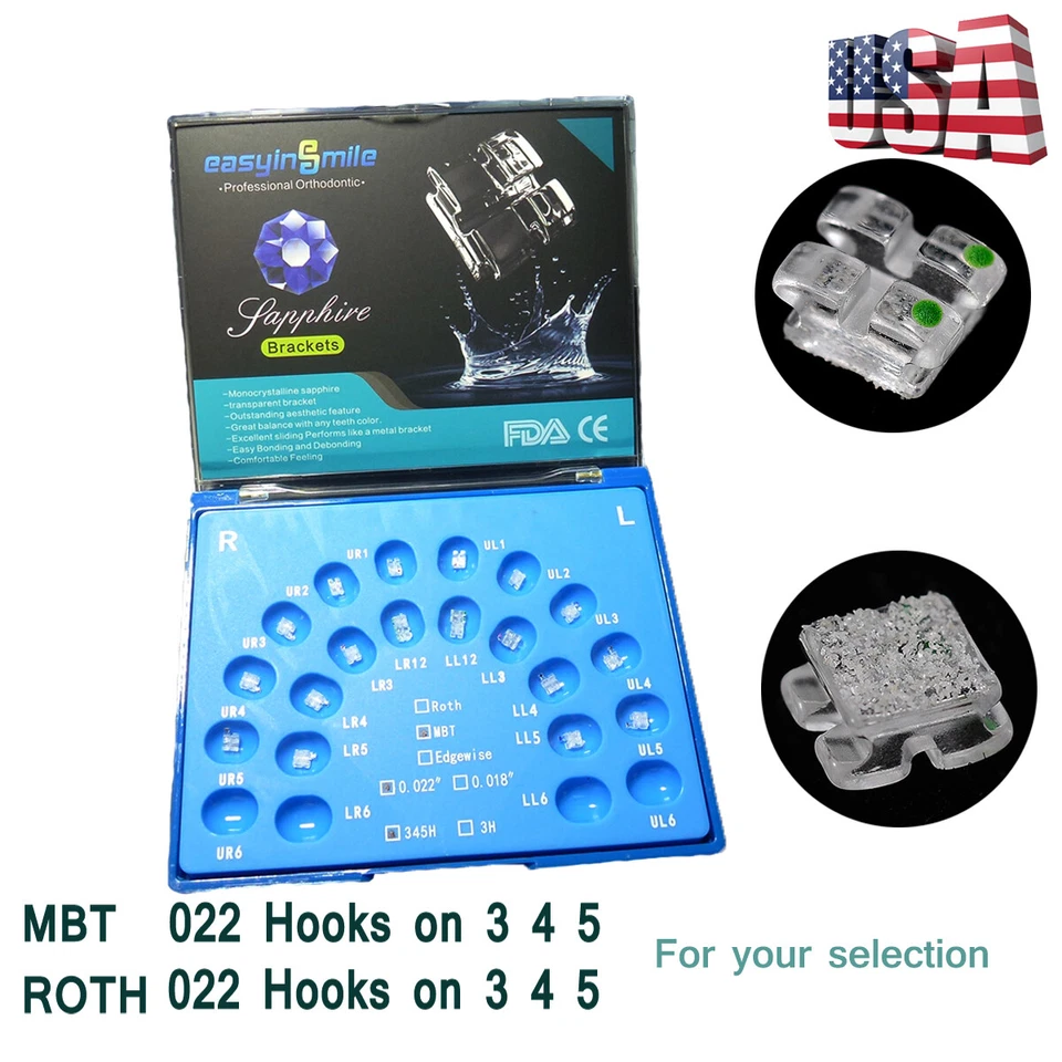 Orthodontic Self Ligating Brackets Ceramic Sapphire brace RothMBT 022''3/345Hook - Image 2 of 4